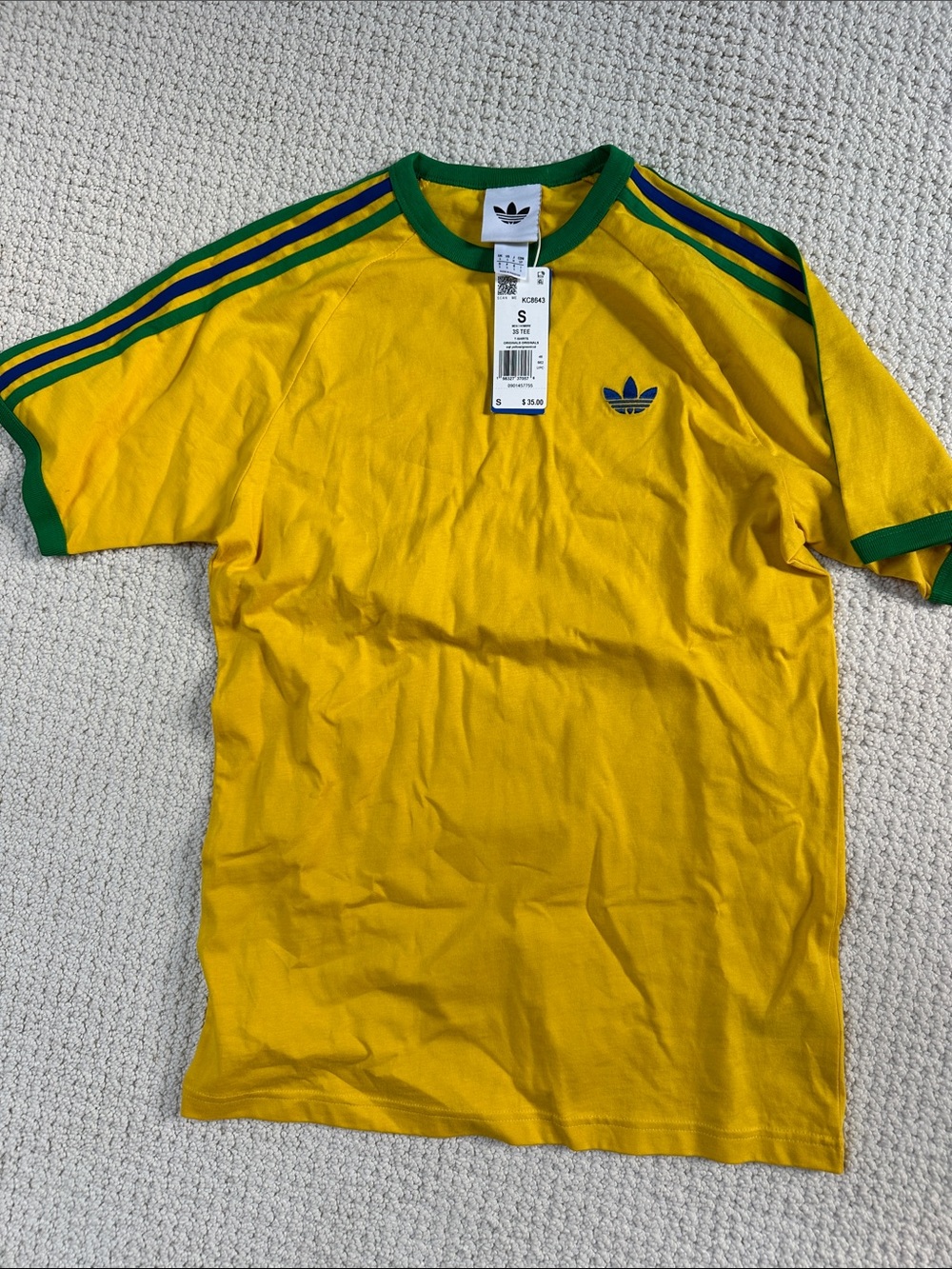 adidas Yellow Short-Sleeve Ringer Tee with Green Trim and Blue Stripes